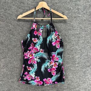 Island Escape Tankini Top Women 12 Black Floral Sleeveless Halter Neck Push Up